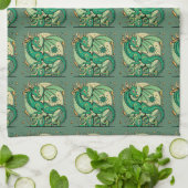 Symbool 2024 Nieuwjaar, groene houten draak Theedoek (Gevouwen)