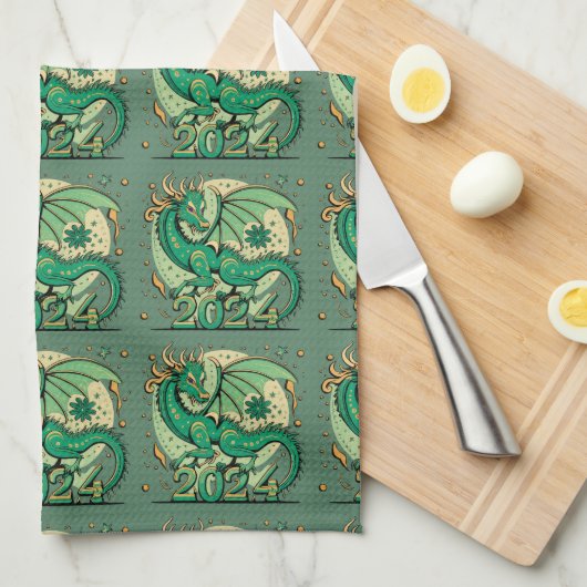 Symbool 2024 Nieuwjaar, groene houten draak Theedoek (Quarter Fold)