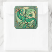 Symbool 2024 Nieuwjaar, groene houten draak Vierkante Sticker (Tas)