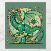 Symbool 2024 Nieuwjaar, groene houten draak Wijn Etiket (Enkel label)