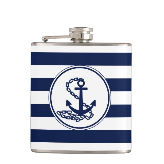Symbool blauw en witte strepen Sailor stijl Heupfles (Voorkant)