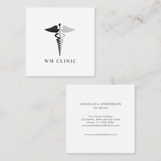 Symbool Faux Silver Foil en Black Caduceus Vierkante Visitekaartje (Voorkant / Achterkant)