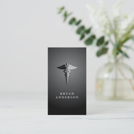 Symbool Faux Silver Foil en Black Caduceus Visitekaartje (Staand voorkant)