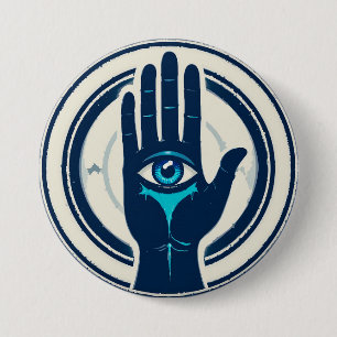 Symbool met hand met centraal oog ronde button 7,6 cm