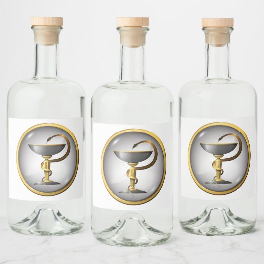 Symbool van de geneeskunde: slangenmetaal goud en  likeurfles etiket (Flessen)