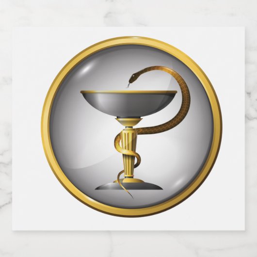 Symbool van de geneeskunde: slangenmetaal goud en  likeurfles etiket (Enkel label)