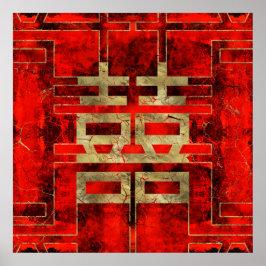 Symbool voor dubbel geluk Geometrisch goud/rode ve Poster