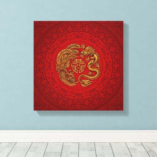Symbool voor dubbel geluk met Phoenix en Dragon Canvas Afdruk (Insitu (Houten vloer))