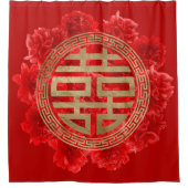 Symbool voor dubbel geluk op rode volken douchegordijn (Voorkant)