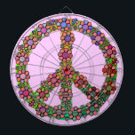 Symbool voor vredessymbool  dartbord<br><div class="desc">Een dartboard met een teken voor de retroflectrilling/het vredessymbool met kleuren voor de bindkleur en een heldere kleur van de bloemen/het bloempatroon eromheen. Een kleurrijk ontwerp voor trotse hippies / liefhebbers van wereldvrede. Roze achtergrondkleur kan worden aangepast.</div>