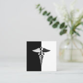 Symbool voor zwarte en witte kaduceus vierkante visitekaartje (Staand voorkant)