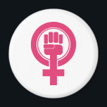 Symbool vrouwenvuist weerstaan magneet<br><div class="desc">Dit symbool is voorzien van een roze vuist die in het gendersymbool van het vrouw is opgetild.</div>