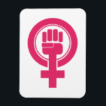 Symbool vrouwenvuist weerstaan magneet<br><div class="desc">Dit symbool is voorzien van een roze vuist die in het gendersymbool van het vrouw is opgetild.</div>