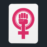 Symbool vrouwenvuist weerstaan magneet<br><div class="desc">Dit symbool is voorzien van een roze vuist die in het gendersymbool van het vrouw is opgetild.</div>