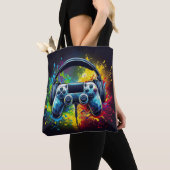 Symfonie van Pixels & Sound: Levendige gaming kuns Tote Bag (Dichtbij)