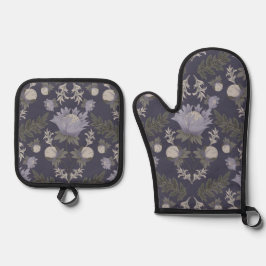 Symmetrical dark purple floral pattern ovenwant & pannenlap set