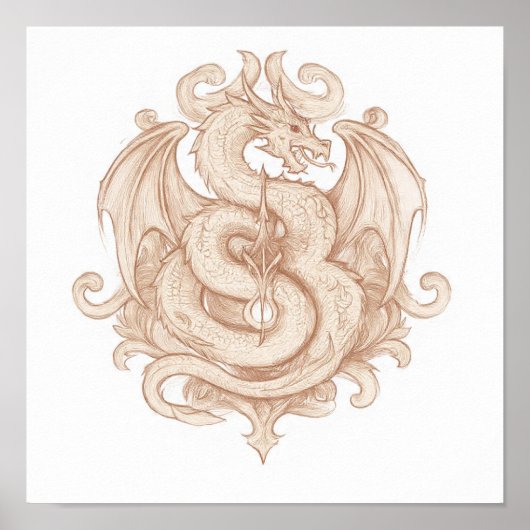 Symmetrical Heraldic Art: Gothic Dragon Emblem Poster (Voorkant)