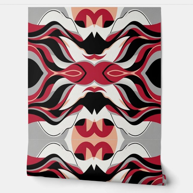 Symmetrical Red and Black Abstract Flow Pattern Behang (Afrollen)
