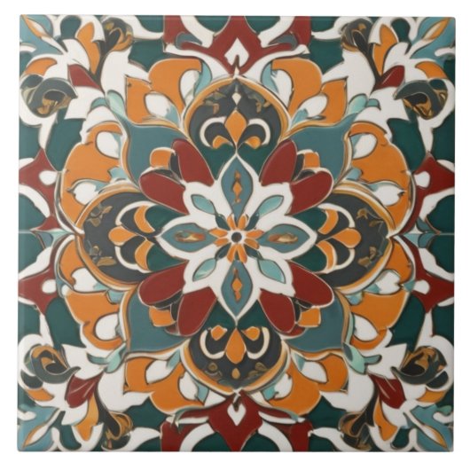 Symmetrisch Abstract in Blauwgroen geel en rood Tegeltje (Voorkant)