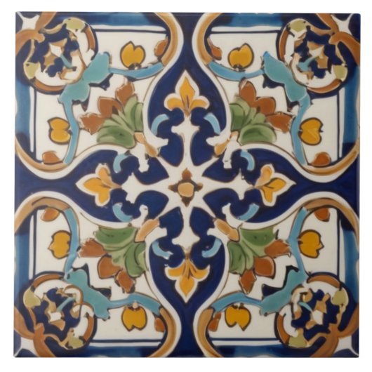 Symmetrisch Abstract kruis in marineblauw en geel Tegeltje (Voorkant)