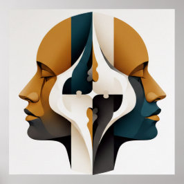 Symmetrisch abstract portret in oker en leisteen poster