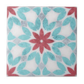 Symmetrisch Bloemen Rood Blauw Grijs Steen-Texture Tegeltje (Voorkant)