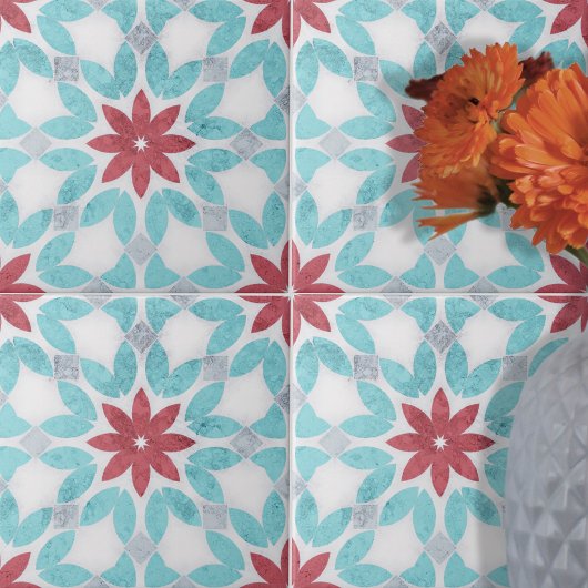 Symmetrisch Bloemen Rood Blauw Grijs Steen-Texture Tegeltje