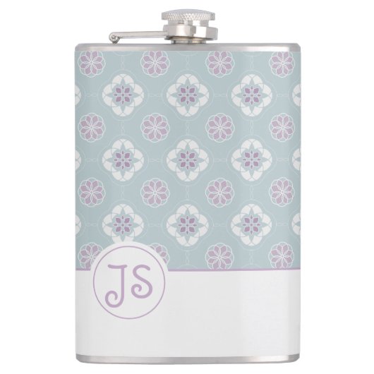 Symmetrisch Roze Bloem Tegelpatroon op Sage Heupfles (Voorkant)