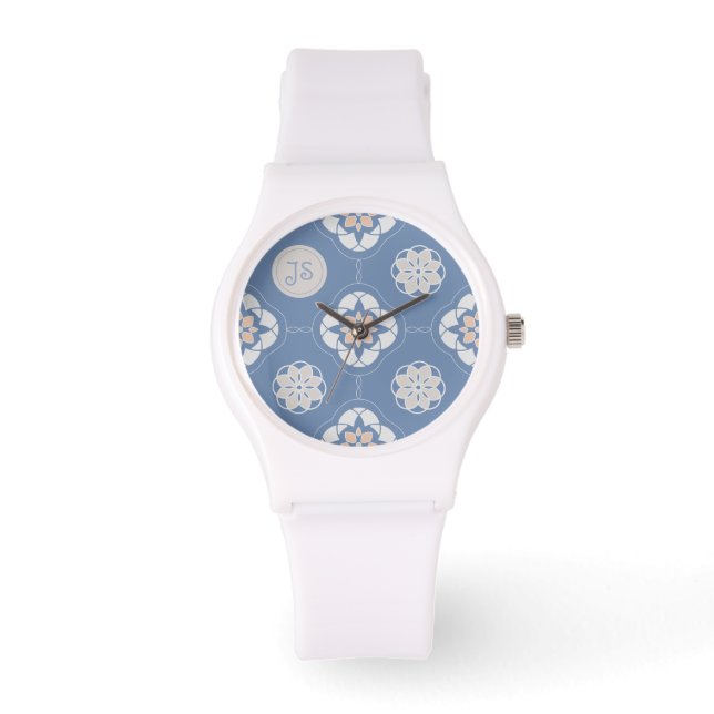 Symmetrisch Sinaasappels bloempatroon op blauw Horloge (Voorkant)