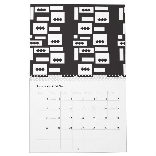Symmetrisch wit geometrisch ontwerp met helder, he kalender (Feb 2026)