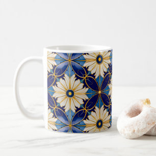 Symmetrische Art Deco Blauw Goud Bloemen Tegel Mot Koffiemok