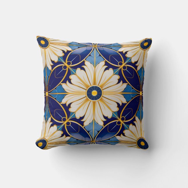 Symmetrische Art Deco Blauw Goud Bloemenpatroon Kussen (Voorkant)