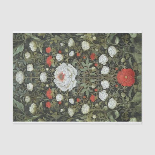 Symmetrische Elegante Witte Rode Bloemen Decoupage Tissuepapier (Voorkant)