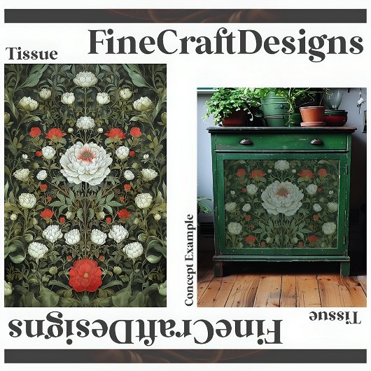 Symmetrische Elegante Witte Rode Bloemen Decoupage Tissuepapier