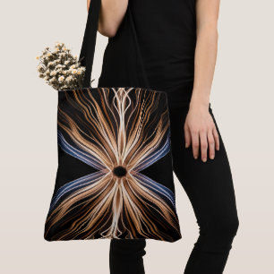 Symmetrische lichtuitbarsting op zwart tote bag