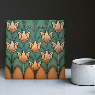 Symmetrische oranje tulpen wanddecoratie Art Deco Tegeltje