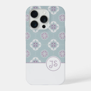 Symmetrische roze bloemtegelpatroon op salie iPhone 15 pro case