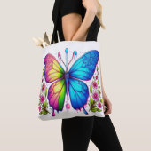 Symmetrische schoonheid: roze en blauwe vlinder me tote bag (Dichtbij)