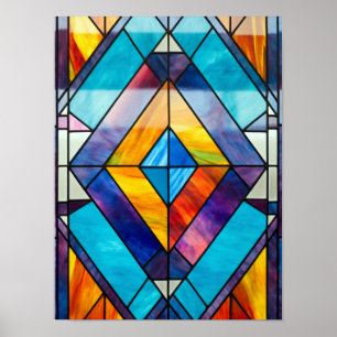 Symmetrische Turquoise en Amber Glas-in-Lood Diama Poster