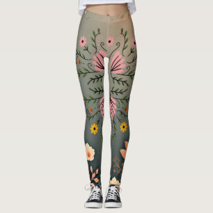 Symmetrische Volkse Botanische Illustratie Leggings