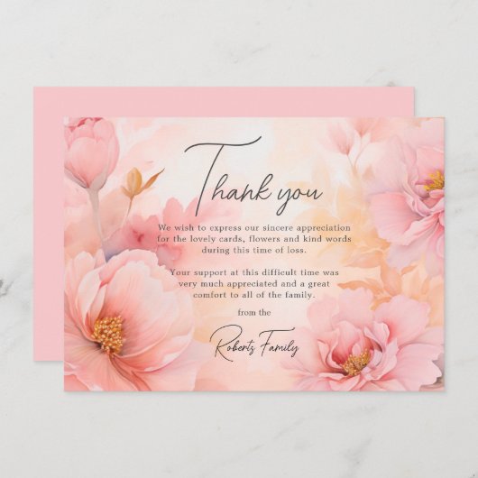 Sympathie Begrafenis Roze Pioenen  Dank u Bedankkaart (Voorkant / Achterkant)