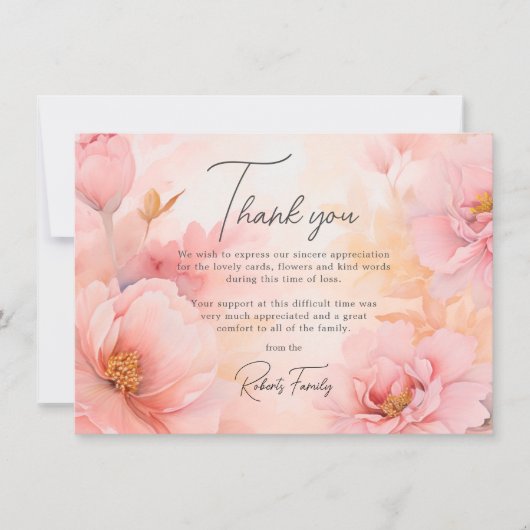 Sympathie Begrafenis Roze Pioenen  Dank u Bedankkaart (Voorkant)