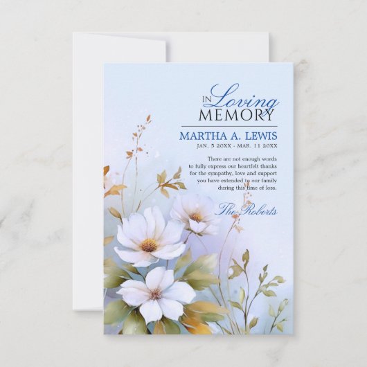Sympathie Begrafenis Witte Wildbloemen Blauw Dank Kaart (Voorkant)