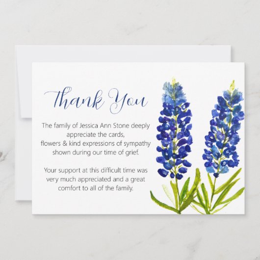 Sympathie Bluebonnets Begrafenis Dood Dank u Kaart (Voorkant)