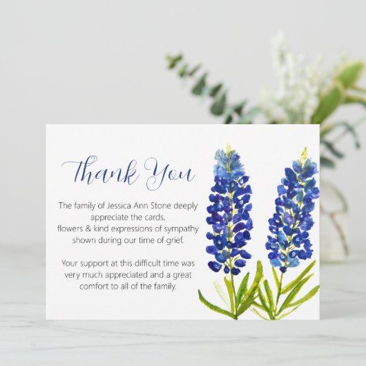 Sympathie Bluebonnets Begrafenis Dood Dank u Kaart (Staand voorkant)