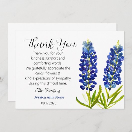 Sympathie Bluebonnets Begrafenis Dood Dank u Kaart (Voorkant / Achterkant)