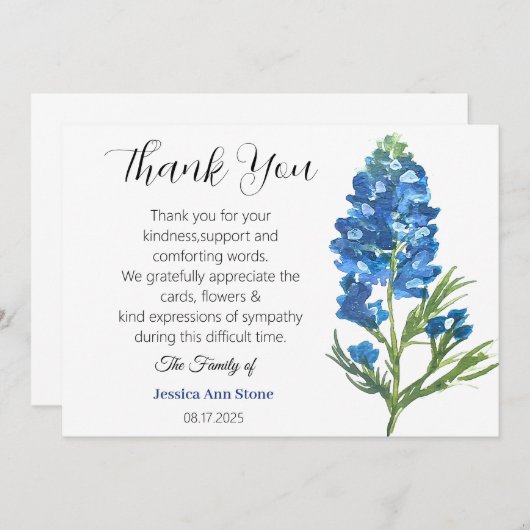 Sympathie Bluebonnets Begrafenis Dood Dank u Kaart (Voorkant / Achterkant)