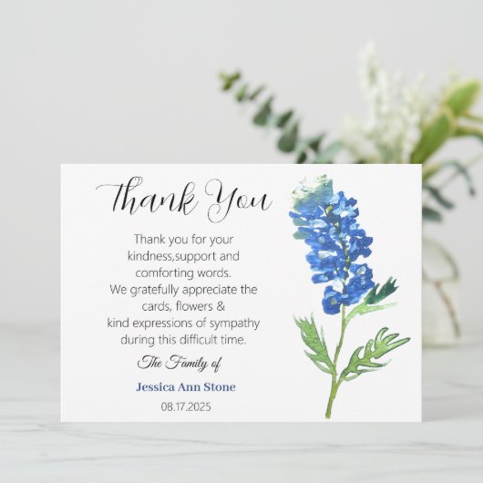 Sympathie Bluebonnets Begrafenis Dood Dank u Kaart (Staand voorkant)