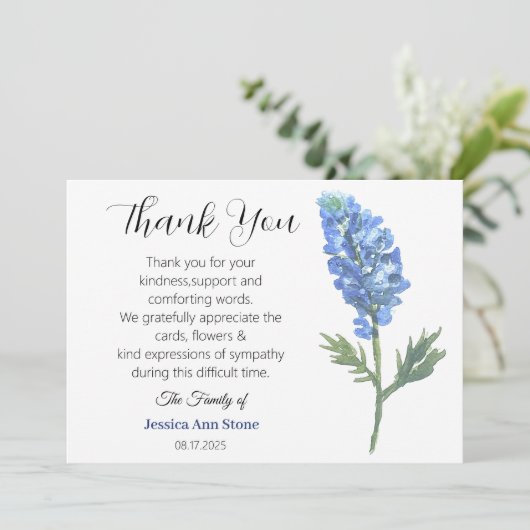 Sympathie Bluebonnets Begrafenis Dood Dank u Kaart (Staand voorkant)