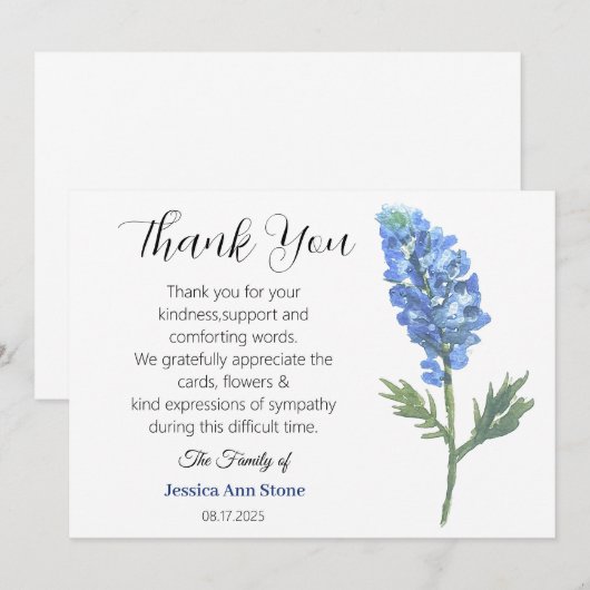 Sympathie Bluebonnets Begrafenis Dood Dank u Kaart (Voorkant / Achterkant)